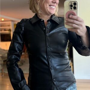 Avec La Filles Size XS (I’m a S-M) Black Faux Leather Button-Up Shirt Top Anthro